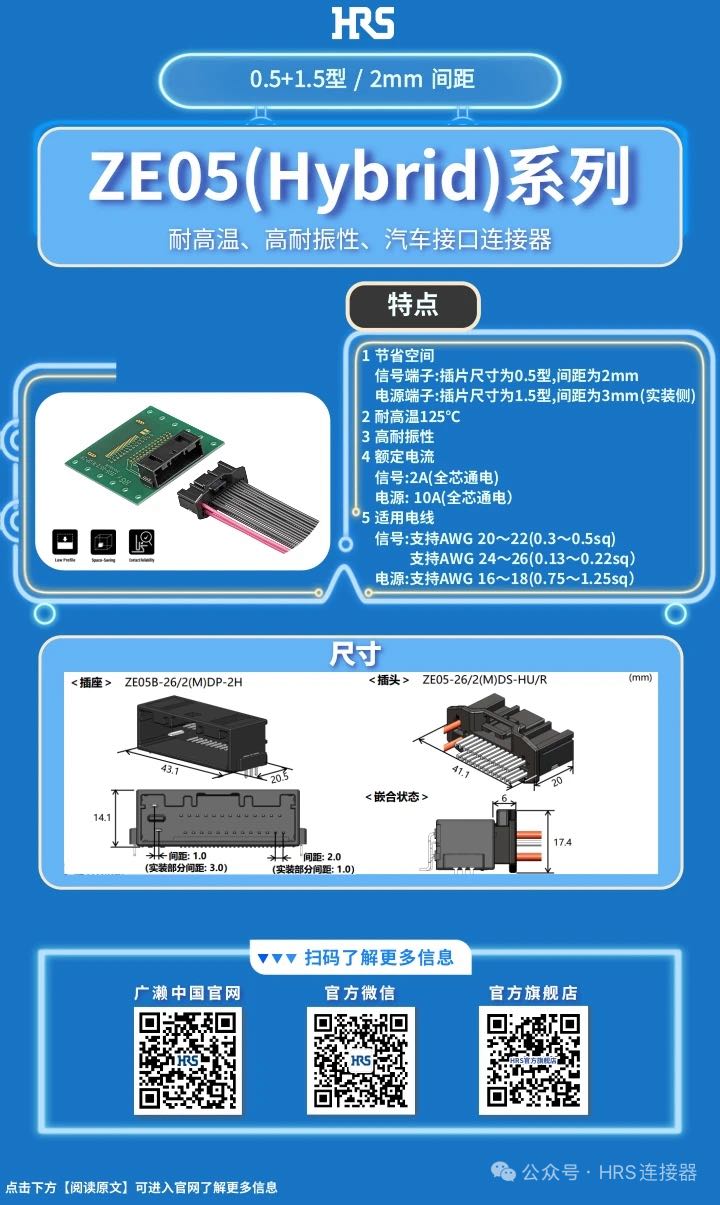 【產(chǎn)品推薦】耐高溫、高耐振性、汽車接口、電源信號(hào)混合型連接器ZE05系列